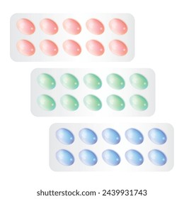 Pill Blister 3d Vector Illustration, Pink Capsule Package, Drugs Packaging, Pill Pack, Pharmacy Box, Medicine Capsules Blister on White Background