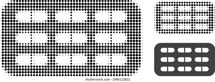 Pill blister halftone dotted icon. Halftone array contains circle points. Vector illustration of pill blister icon on a white background.