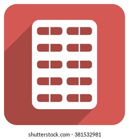 Pill Blister long shadow vector icon. Style is a flat symbol on a red rounded square button.