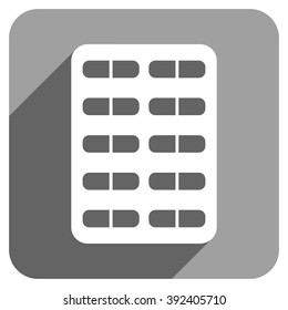 Pill Blister long shadow vector icon. Style is a flat pill blister iconic symbol on a gray square background.