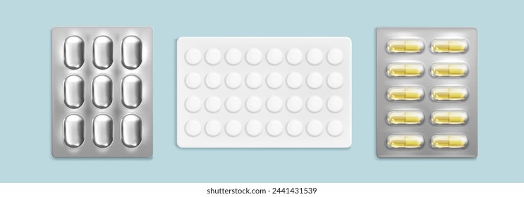 Pill blister with medicines. Realistic 3d vector mockup set of foil transparent and white package with tablets and capsules. Plastic pharmaceutical storage box with drugs. Medication container.