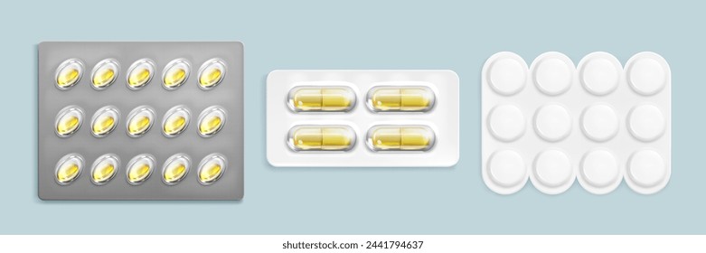 Blíster de píldoras con medicamentos. Conjunto de maqueta de vectores 3d realista de papel de aluminio transparente y paquete blanco con comprimidos y cápsulas. Caja de almacenamiento farmacéutico de plástico con medicamentos. Envase de medicación.