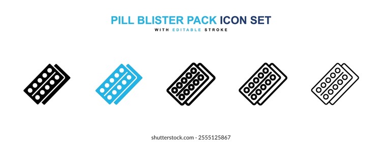 Pill blister pack icon collection in black and blue colors