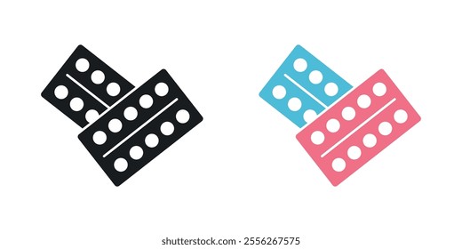 Pill blister pack icon set in black and colored versions.