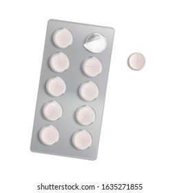 Pill blister pack isolated on white background. Vector realistic mockup of foil packaging with round tablets and one pill outside. Blister with drugs, aspirin, painkiller or antibiotic