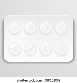 Pill In Blister Pack Isolated On A Background. Vector Illustration. Pharmaceuticals. Creative Medical Concept