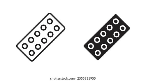 Pill blister pack outlined and solid icon vector collection.