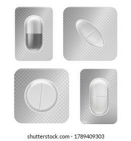 Pill blister pack. Realistic medical tablet individually packed, vitamin capsule in plastic container front view, antibiotic or painkiller pharmacy drugs packaging vector isolated template