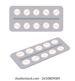Pill blister with round tablets, medicines. Medical package with medicaments, drugs. Flat vector illustration isolated on white background