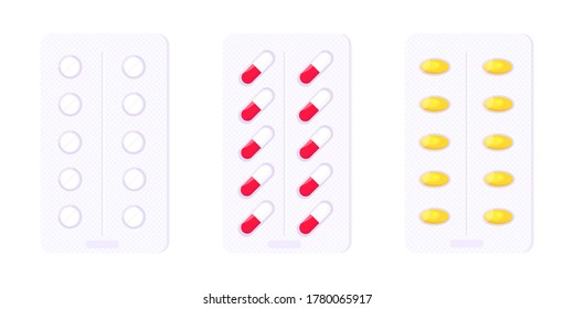 Pill blister set with capsules flat style design vector illustration isolated on white background. Medicines packaging tablets, capsules pharmacy drug treatment.