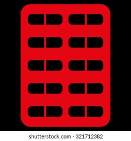 Pill Blister vector icon. Style is flat symbol, red color, rounded angles, black background.