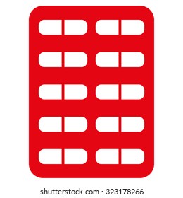 Pill Blister vector icon. Style is flat symbol, red color, rounded angles, white background.