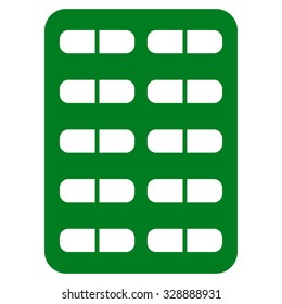Pill Blister vector icon. Style is flat symbol, green color, rounded angles, white background.