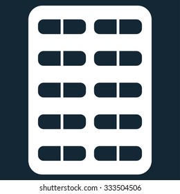 Pill Blister vector icon. Style is flat symbol, white color, rounded angles, dark blue background.