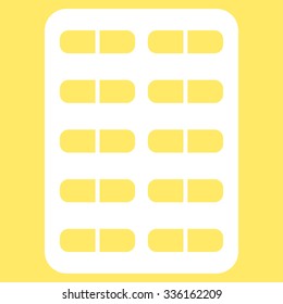 Pill Blister vector icon. Style is flat symbol, white color, rounded angles, yellow background.