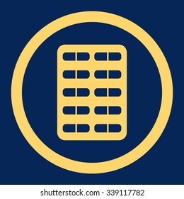 Pill Blister vector icon. Style is flat rounded symbol, yellow color, rounded angles, blue background.