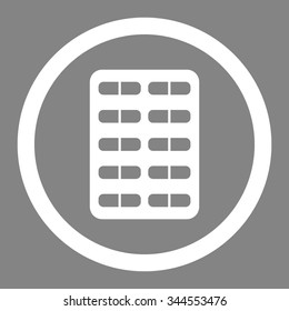 Pill Blister vector icon. Style is flat rounded symbol, white color, rounded angles, gray background.