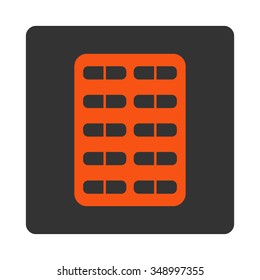 Pill Blister vector icon. Style is flat rounded square button, orange and gray colors, white background.