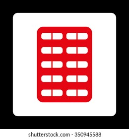 Pill Blister vector icon. Style is flat rounded square button, red and white colors, black background.