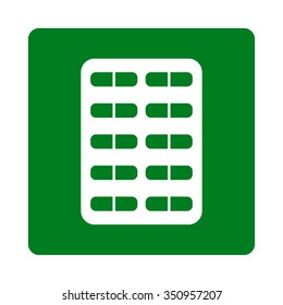 Pill Blister vector icon. Style is flat rounded square button, white and green colors, white background.