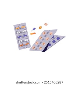 Pill blisters with different tablets, remedies. Packs of medicines. Packages of medicaments, drugs, medical prescriptions. Pharmacy, healthcare. Flat isolated vector illustration on white background