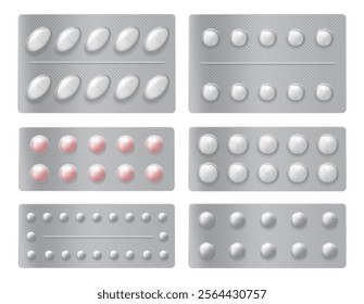 Pill blisters realistic mockup, isolated drugstore products in bubble pack. Vector medicaments for patients, painkillers or antibiotics prescription. Illness curing, medical treatment and healthcare