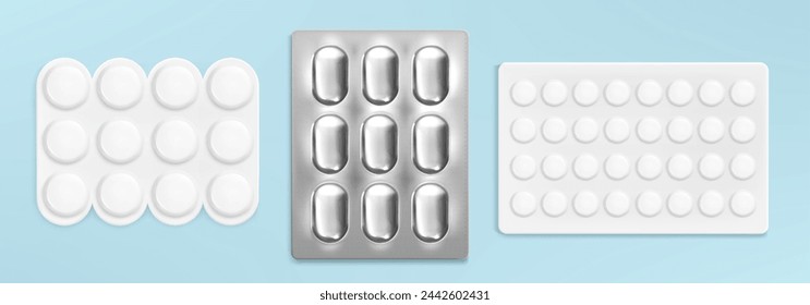 Pill blisters set isolated on background. Vector realistic illustration of foil, plastic packages of round tablets and oval capsules, painkiller, antibiotic, contraceptive medicines, pharmaceuticals