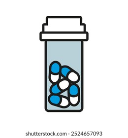 Botella de píldora con tapas para medicamentos recetados. Envase de plástico, vitaminas, antibióticos. Dosificación farmacéutica. Almacenamiento de medicamentos. Tarro para Medicamento. Aislado. Estilo plano. Ilustración vectorial