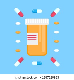 Pill bottle for capsules arounded pills flat style design vector illustration. Medical container jar for tablet and medicine isolated on light blue background