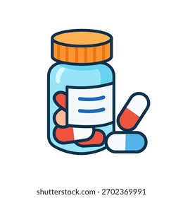 Pill Bottle and Capsules Icon Vector, Cartoon Medical Drug Container, Pharmaceutical Medicine Symbol for Pharmacy, Healthcare, Treatment, and Prescription Design