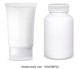 Pill Bottle. Cosmetic Cream Tube Mockup. Pill Jar Blank. Pharmacy Medicament Container On White Background. Supplement Bottle Isolated. Medicine Ointment Tube Clear Design, 3d, Front