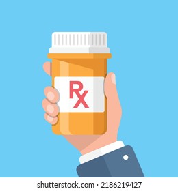 Pill bottle in hand illustration in flat style. Medical capsules vector illustration on white isolated background. Pharmacy sign business concept.