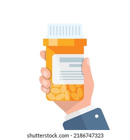 Pill bottle in hand illustration in flat style. Medical capsules vector illustration on white isolated background. Pharmacy sign business concept.