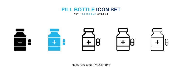 Pill bottle icon collection in black and blue colors