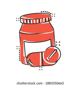 Pill bottle icon in comic style. Drugs cartoon vector illustration on white isolated background. Pharmacy splash effect business concept.