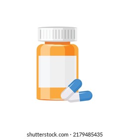 Pill bottle icon in flat style. Medical capsules vector illustration on white isolated background. Pharmacy sign business concept.