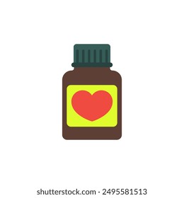 Icono de la botella de la píldora con el símbolo del corazón. Tarro con medicamentos y pastillas. Ilustración vectorial de color y dibujo sobre un fondo blanco.