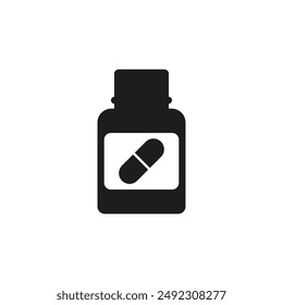 Pill bottle icon. Jar with medicine and pills. Vector silhouette. Illustration and drawing on a white background.