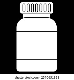 Pill bottle icon, medicine bottle vector illustration, pills or vitamins bottle clipart, medicine clip art, pharmaceutical products, white on black background