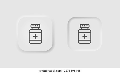 Pill bottle icon in neumorphism style. Icons for business, white UI, UX. Antibiotic, painkiller symbol. Aspirin, medicine, first aid. Neumorphic style.