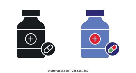Pill bottle icon set in black and colored versions.