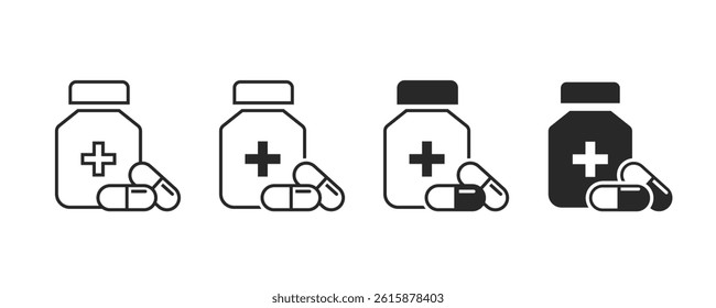 Pill bottle icon set. Pill bottle icon field and line style. Pharmaceutical and medication symbol. Pill vector simple style