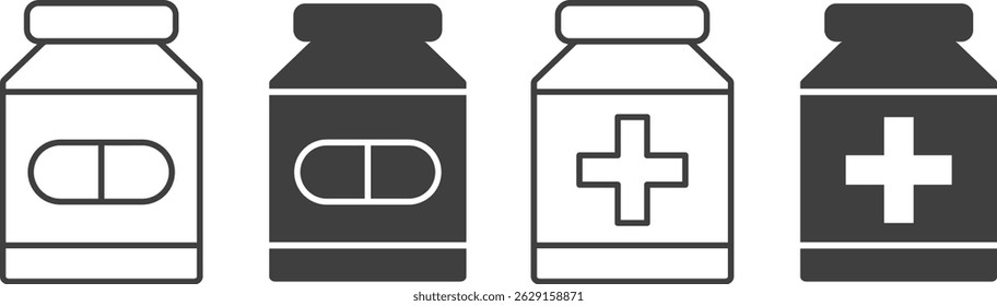 Pill bottle icon set. Health supplements. vitamin pills. packaging for healthcare. medical and pharmaceutical element
