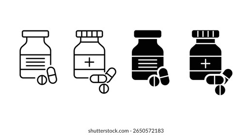 pill bottle icon set. pills jar icon vector set. Medicine bottle icon set with scattered pills vector illustration.