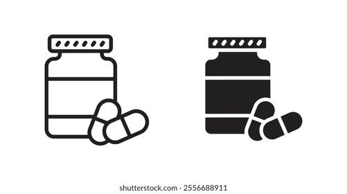 Pill bottle icon set in Thin line black color.