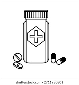 Vector del icono de la botella de la píldora. Icono del esquema del símbolo de la botella de la píldora de la medicina. Trazos editables.