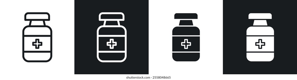 Pill bottle icons pack in black and white filled and outlined versions.