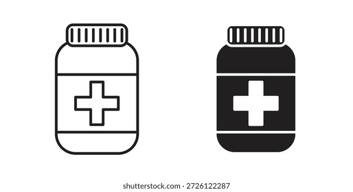 Símbolo de Vector de iconos de botella de píldora con trazo editable y versiones planas