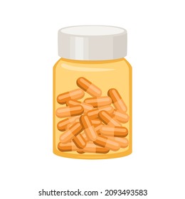 Pill bottle isolated on white background. Vector illustration of capsules, medical supplement in cartoon flat style.