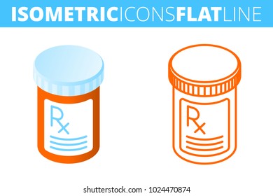 The pill bottle. Isometric flat and outline icon set. The pharmacy, medicine, cure, drug, orange container line pictogram. Vector linear infographic element. The pharmaceutical 3d and outlined symbols